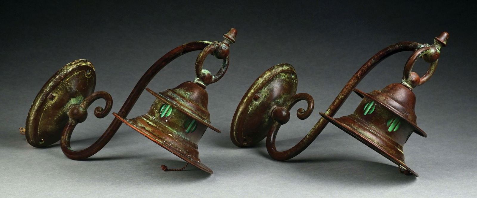 PAIR OF HANDEL PATINATED METAL &