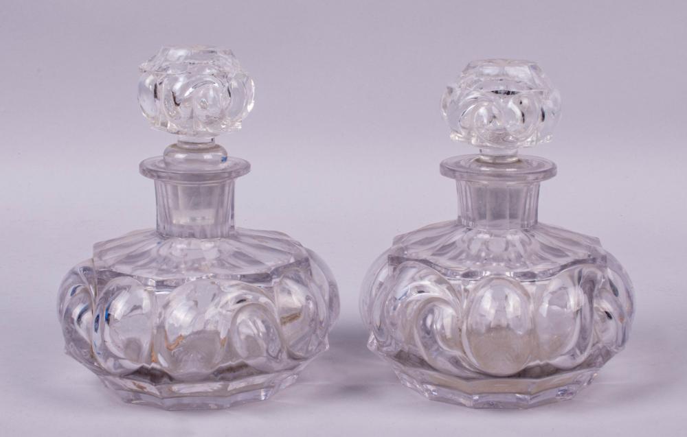 PAIR OF HEAVY GLASS DECANTERS, 19TH