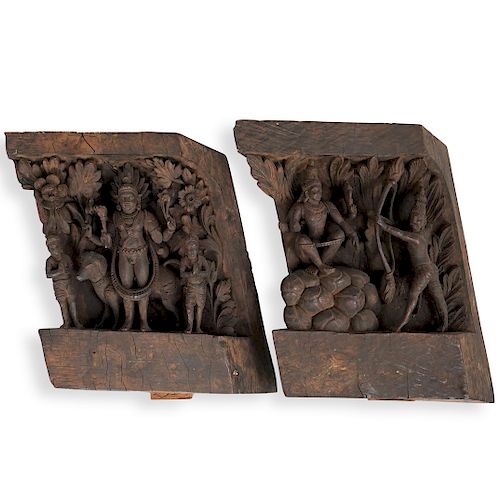 PAIR OF HINDU RELIEF CARVED WOOD