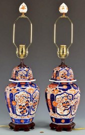 PAIR OF IMARI URNS/LAMPSPair o