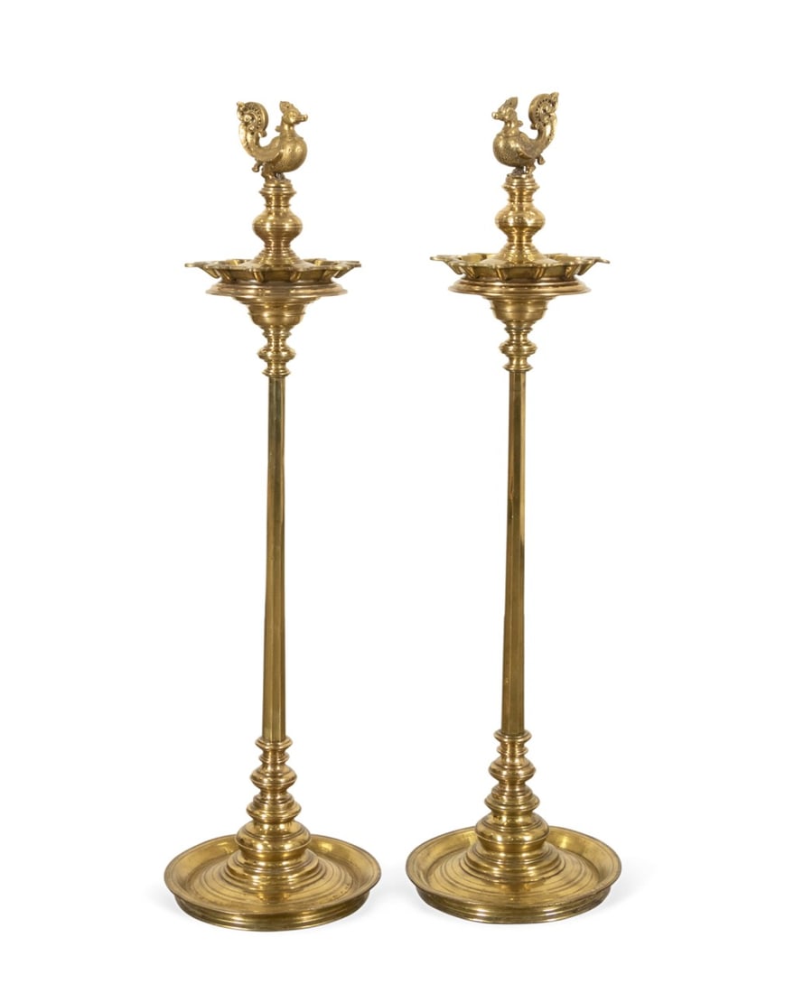 PAIR OF INDIAN BRASS FLOOR OIL