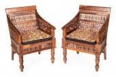 PAIR OF INDO-PERSIAN TEAK ARMC