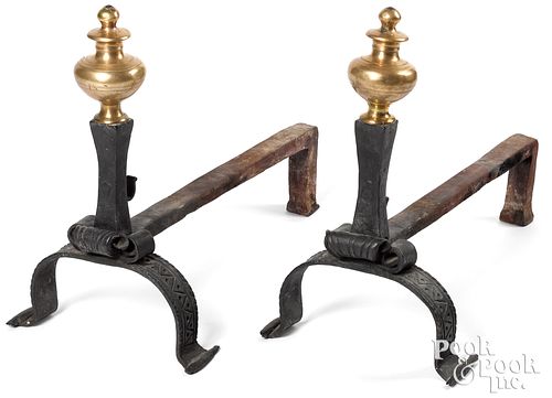 PAIR OF IRON AND BRASS ANDIRONS,