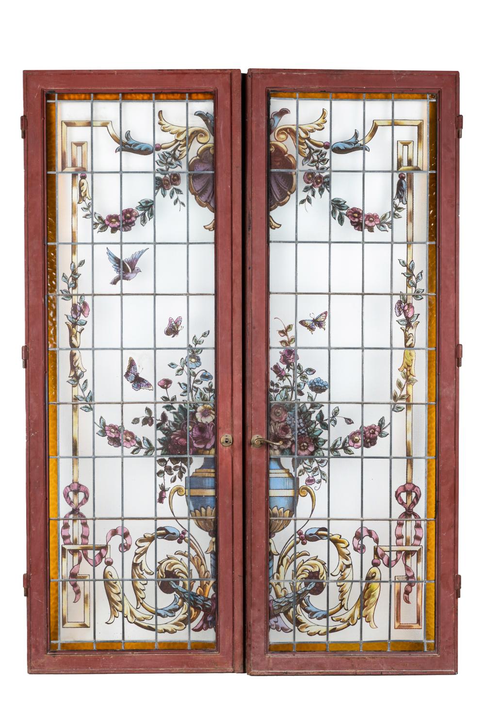 PAIR OF IRON & ART GLASS