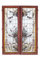PAIR OF IRON & ART GLASS DOORS