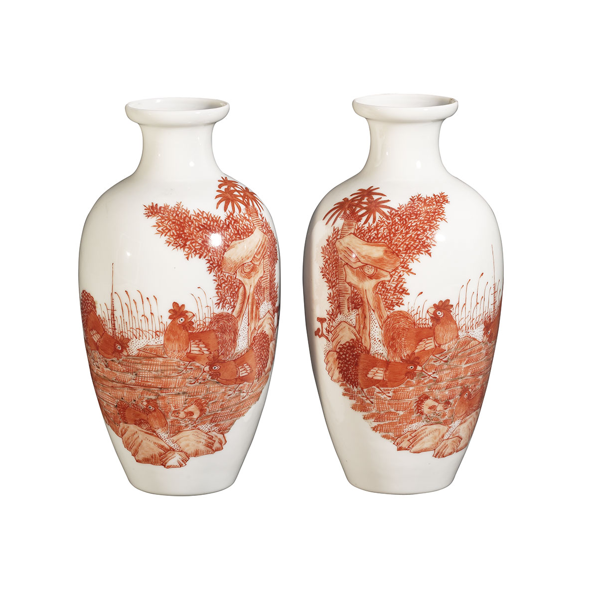 Pair of Iron Red Chicken Vases