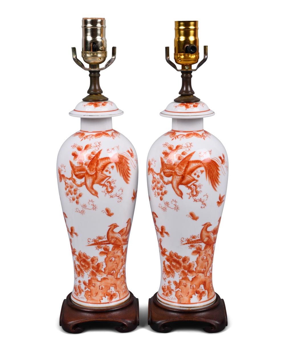 PAIR OF IRON RED-DECORATED LAMPS,