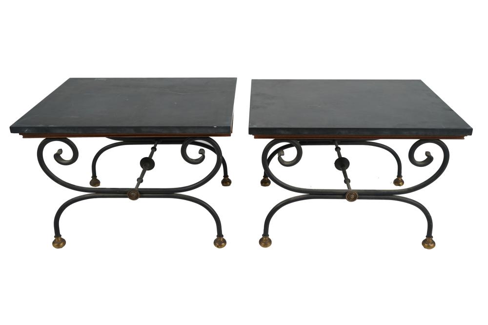 PAIR OF IRON & STONE TOP SIDE
