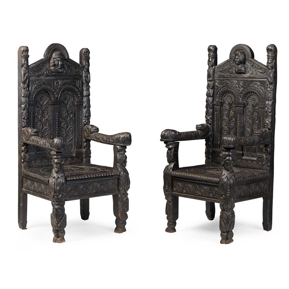PAIR OF JACOBETHAN OAK ARMCHAIRS