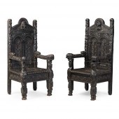 PAIR OF JACOBETHAN OAK ARMCHAI