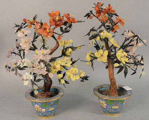 PAIR OF JADE AND HARDSTONE TREES IN
