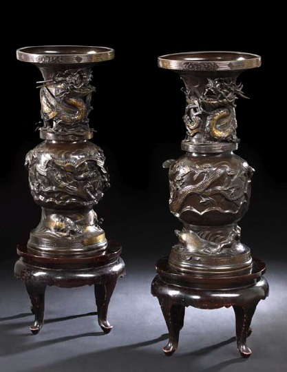 Pair of Japanese Bronze "Dragon and