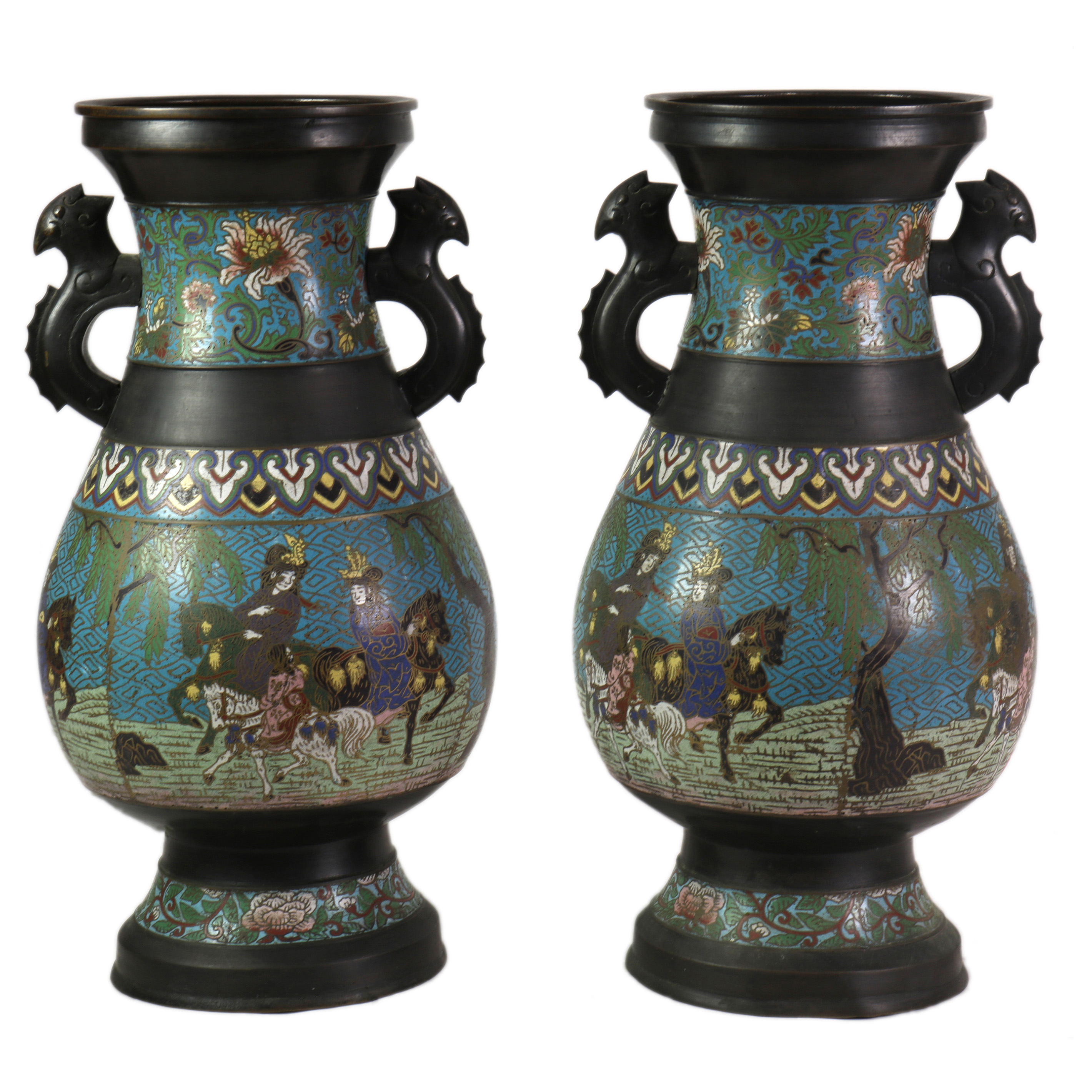 PAIR OF JAPANESE CHAMPLEVE ENAMEL