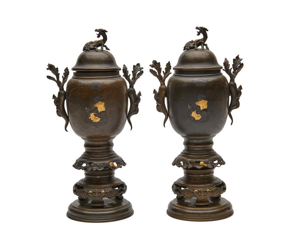 PAIR OF JAPANESE PATINATED AND GILT
