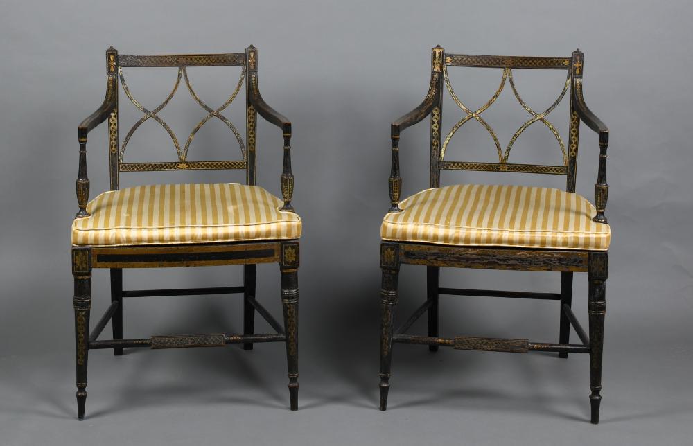 PAIR OF JAPANNED ARMCHAIRS, LATE