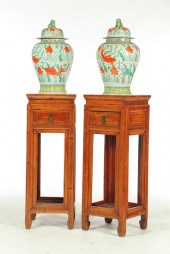 PAIR OF JARS AND WOODEN PEDEST