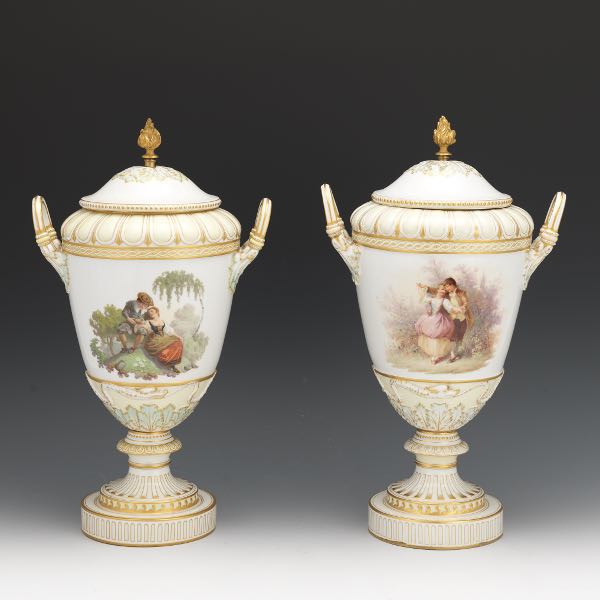 PAIR OF KPM LIDDED URNS, 19TH