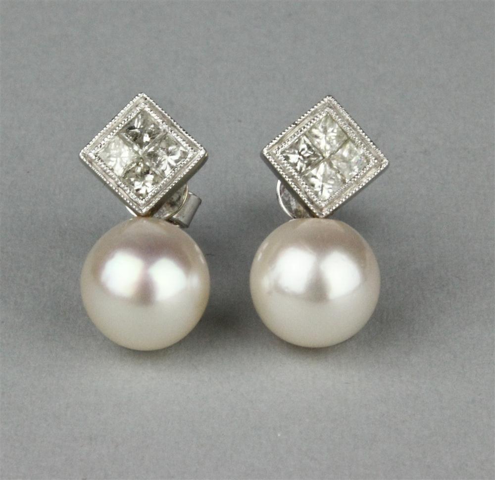 PAIR OF LADY'S PEARL AND DIAMOND