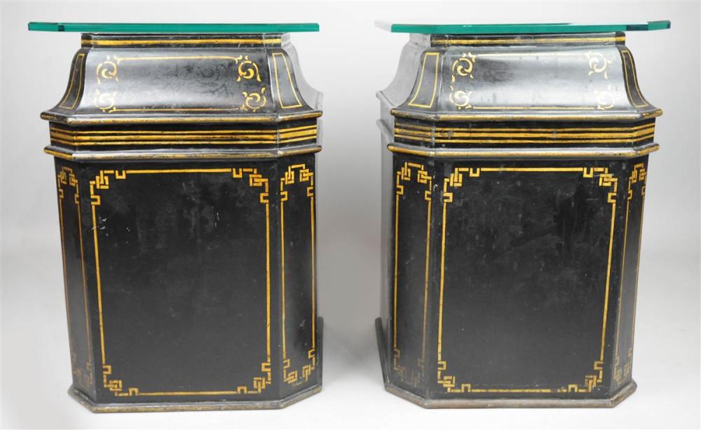 PAIR OF LARGE BLACK & GILT TOLE