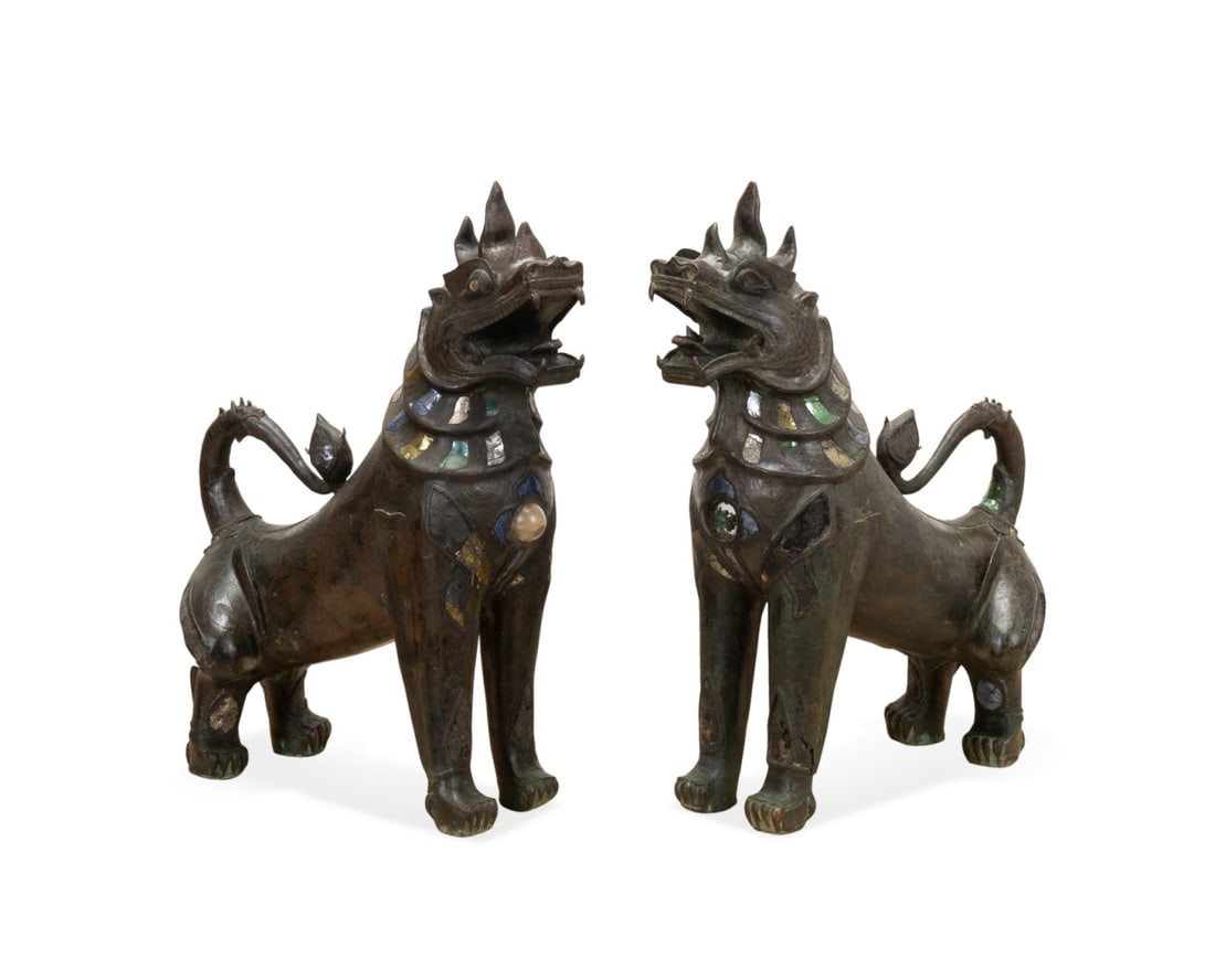 PAIR OF LARGE BRONZE LIONS,