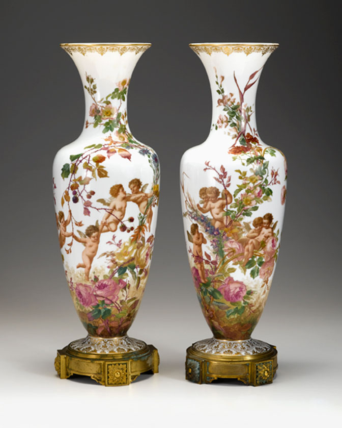 Pair of large French enameled
