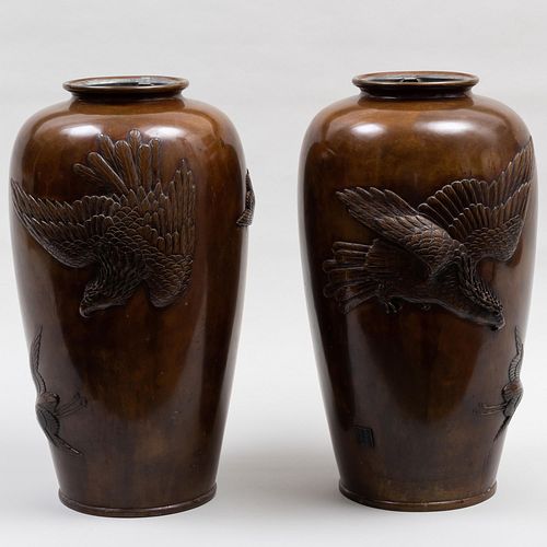 PAIR OF LARGE JAPANESE BRONZE VASES