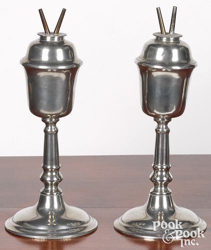 PAIR OF LARGE PEWTER WHALE OIL