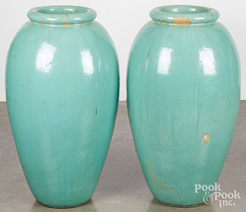 PAIR OF LARGE POTTERY URNS,