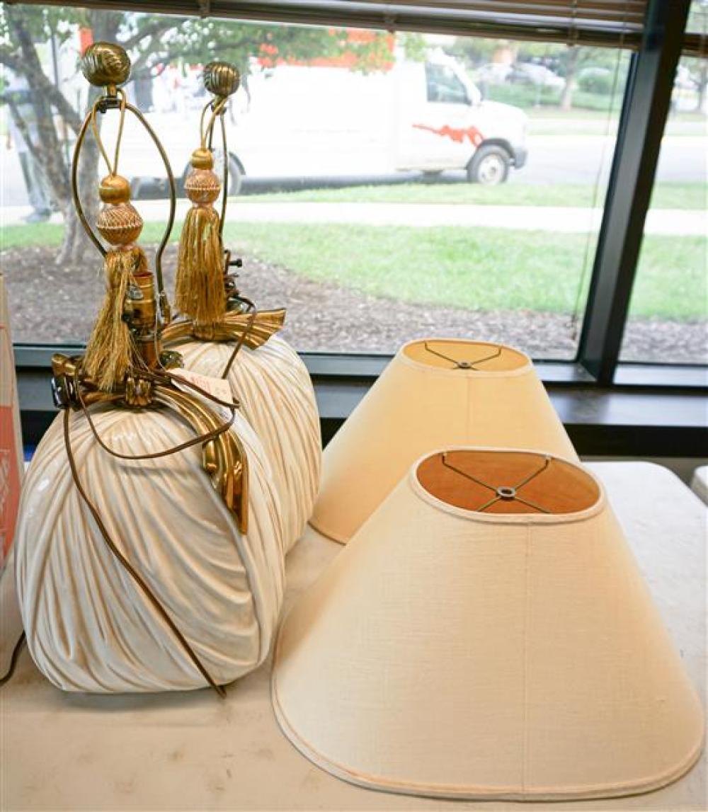 PAIR OF 'LINEN' CERAMIC AND BRASS
