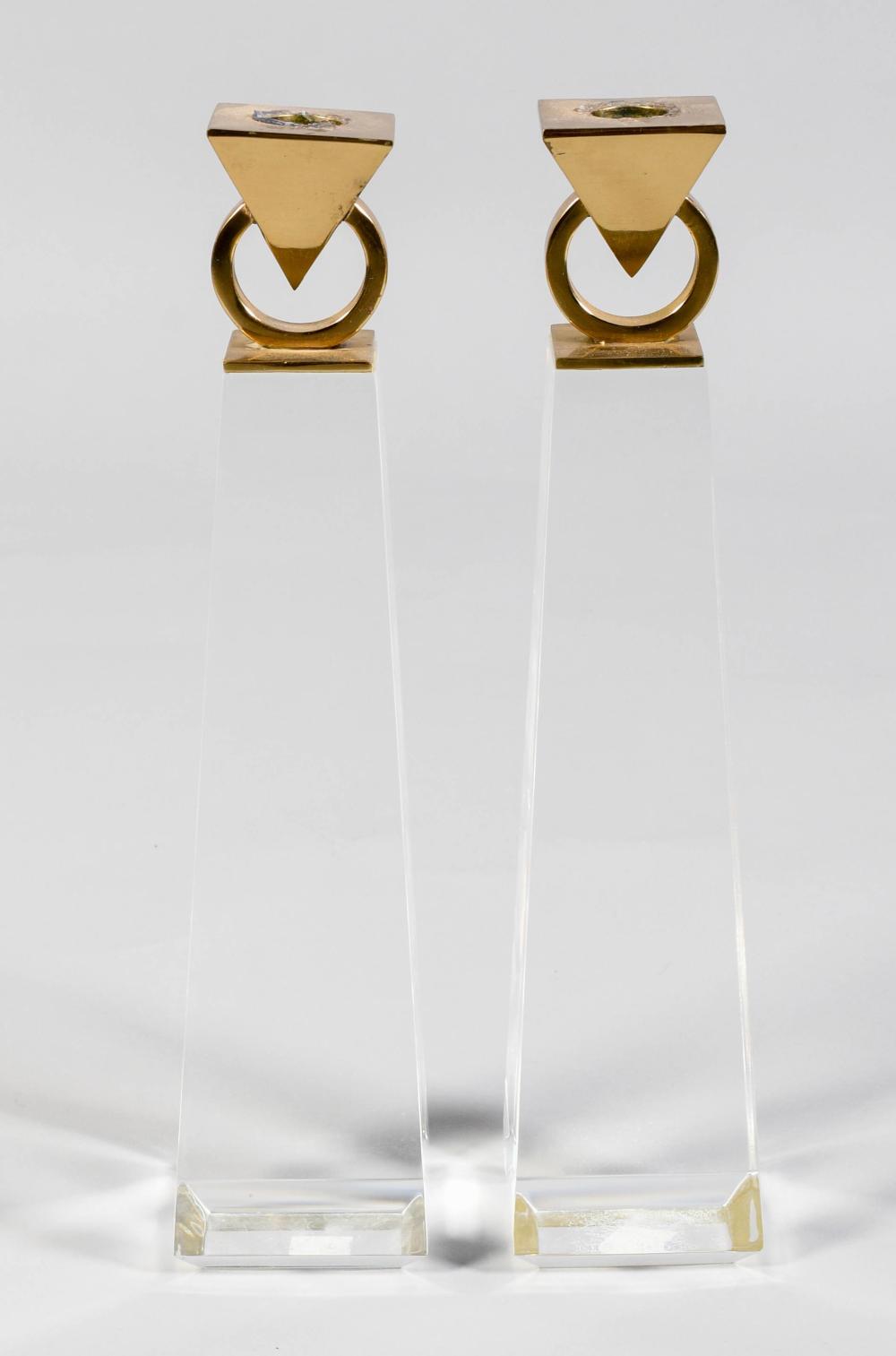 PAIR OF LUCITE AND BRASS CANDLE