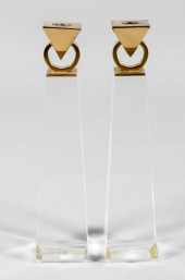 PAIR OF LUCITE AND BRASS CANDL