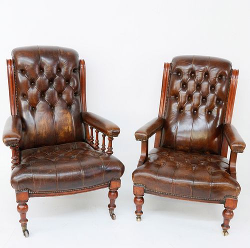 PAIR OF MAHOGANY AND TUFTED LEATHER