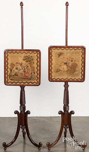 PAIR OF MAHOGANY POLE SCREENS, 19TH