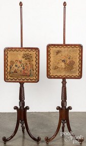 PAIR OF MAHOGANY POLE SCREENS,