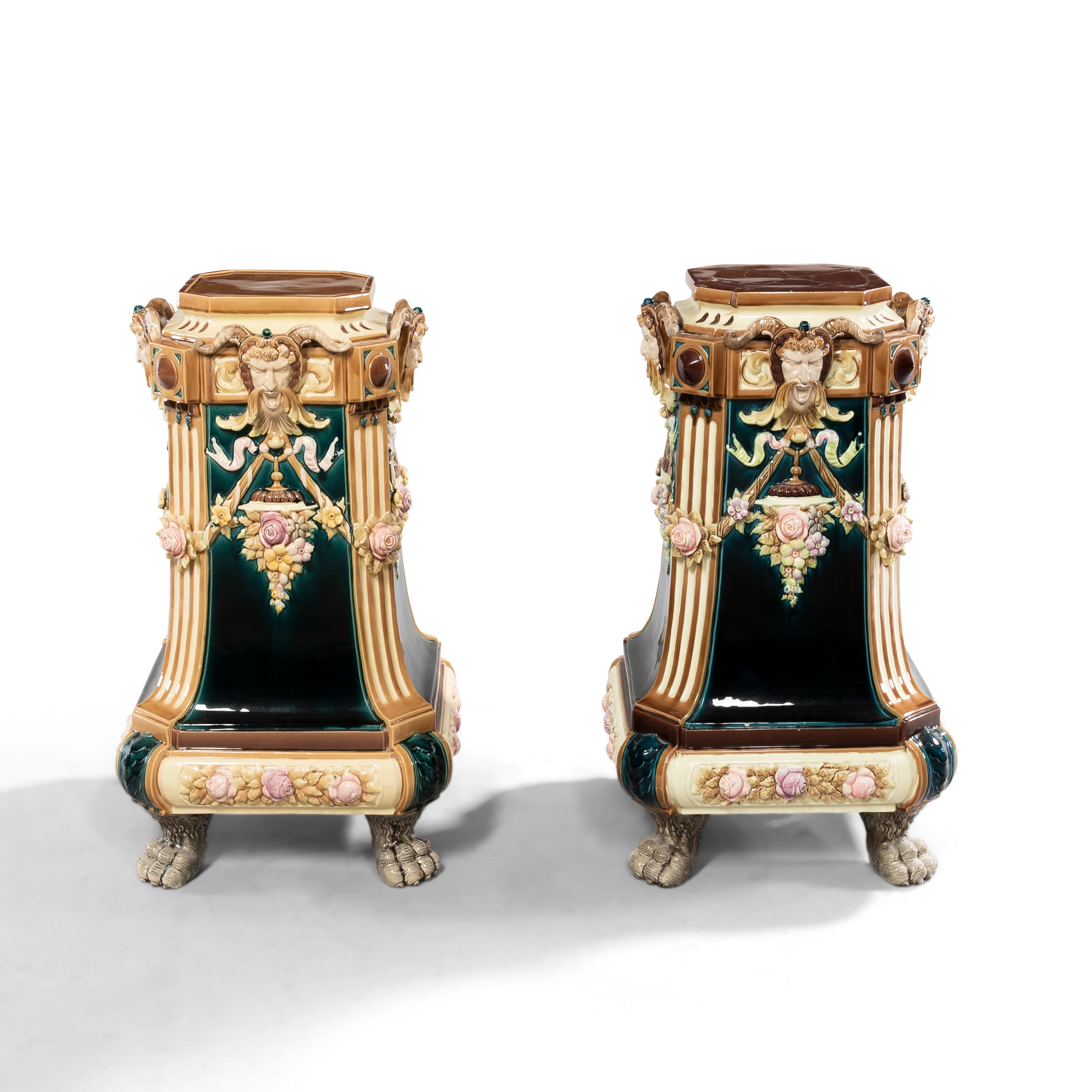 PAIR OF MAJOLICA STANDS,