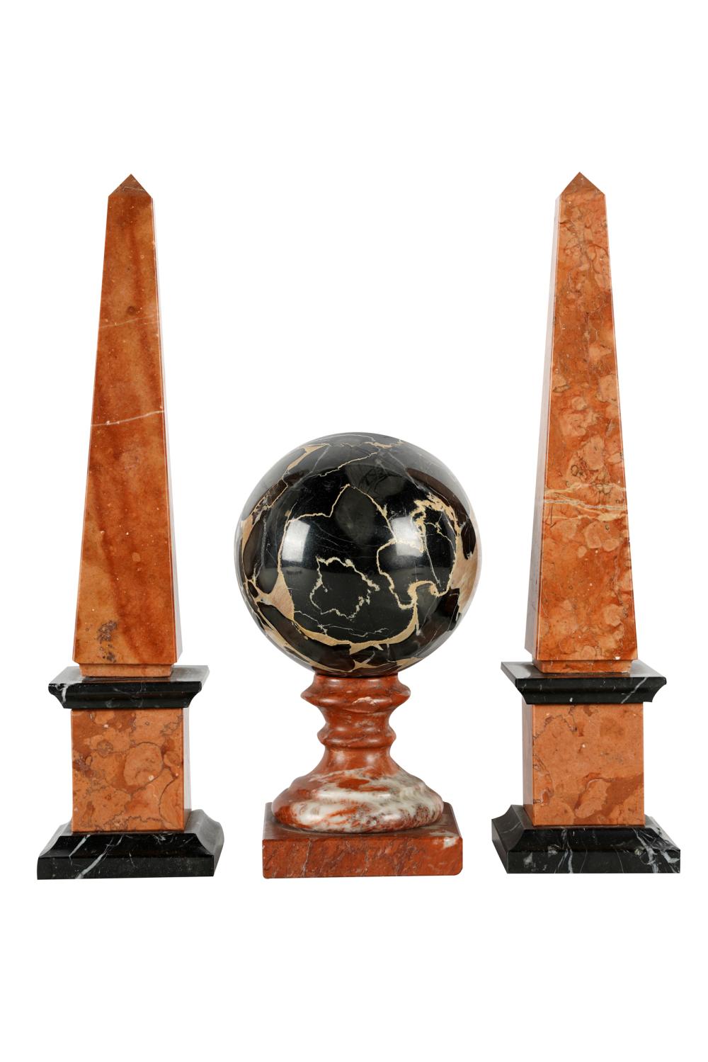 PAIR OF MARBLE OBELISKS & ORBwith