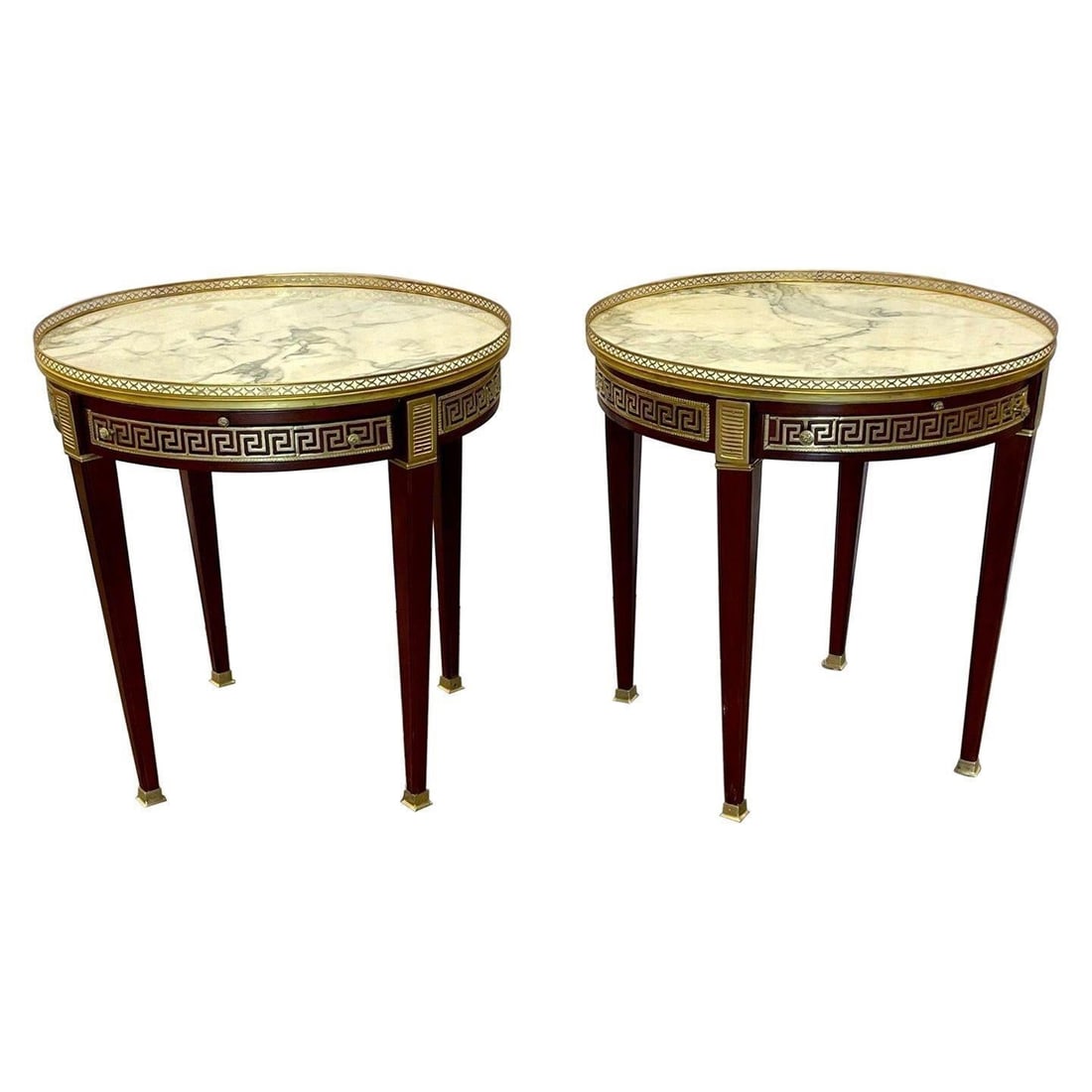 PAIR OF MARBLE TOP GREEK KEY