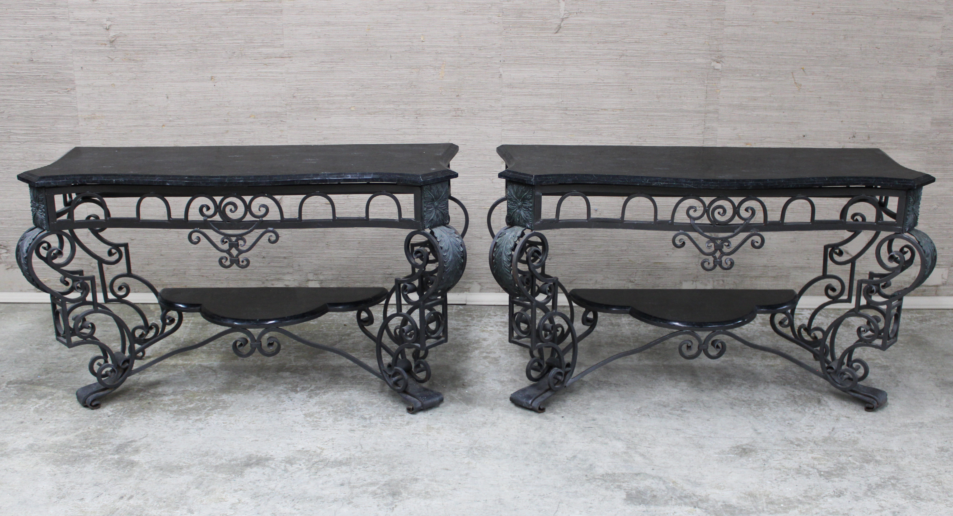 PAIR OF MARBLE TOP WROUGHT IRON