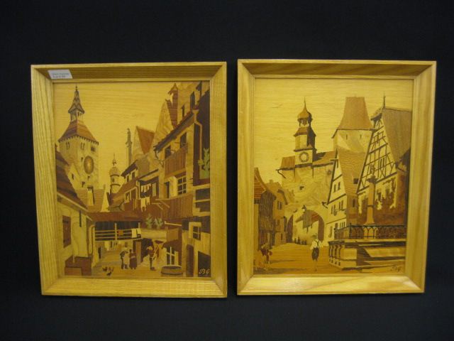 Pair of Marquetry Plaques village