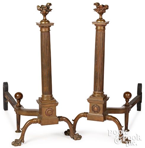 PAIR OF MASSIVE BRONZE ANDIRONS,