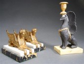 PAIR OF METAL AND MARBLE SPHIN