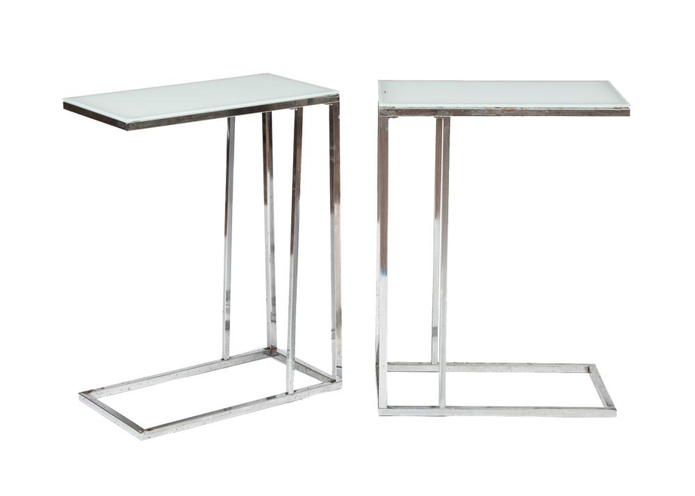 PAIR OF MODERN CHROME AND GLASS END