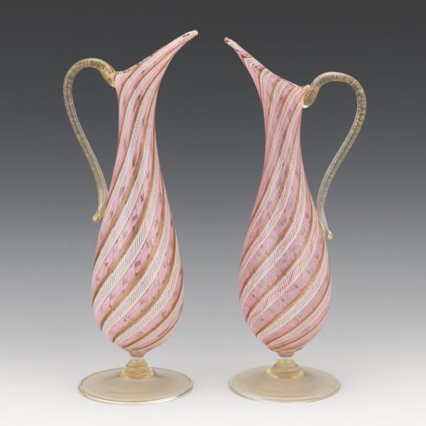 PAIR OF MURANO GLASS PITCHERS 13"