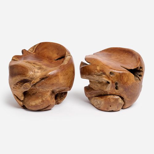 PAIR OF NATURALISTIC TEAK BALL
