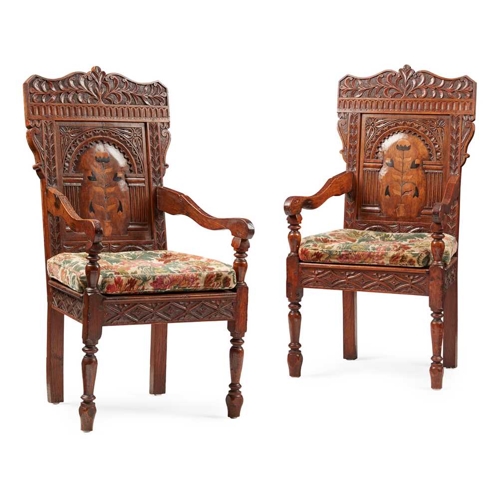 PAIR OF OAK AND MARQUETRY
