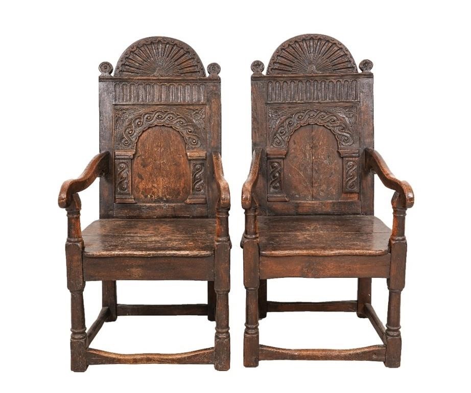 Pair of oak wainscot chairs, 17th