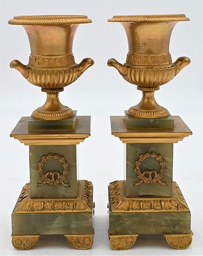 PAIR OF ONYX AND BRONZE URNS,