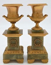 PAIR OF ONYX AND BRONZE URNS,