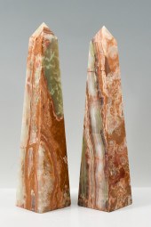 PAIR OF ONYX OBELISKS: Two tow