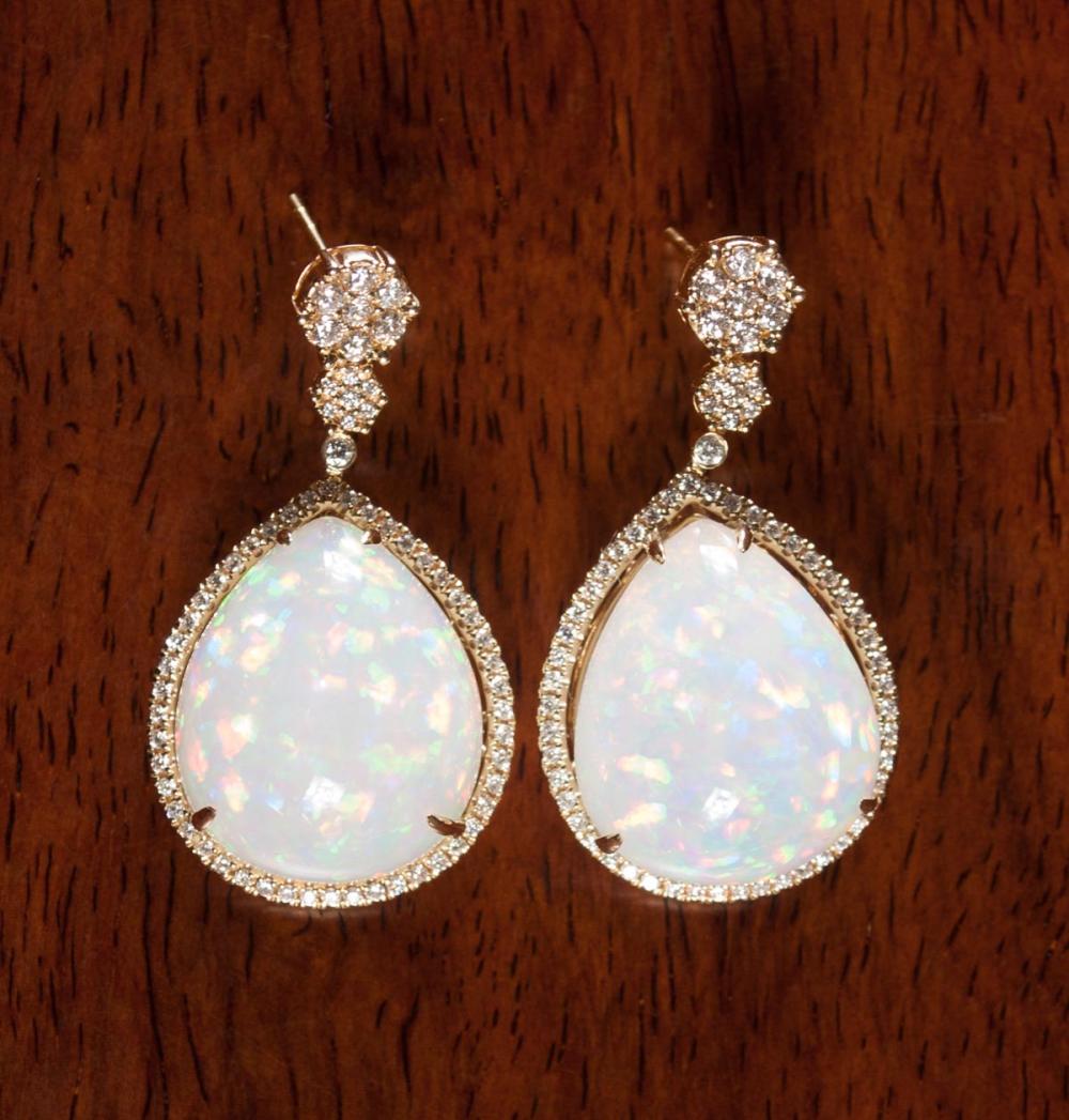 PAIR OF OPAL AND DIAMOND DANGLE